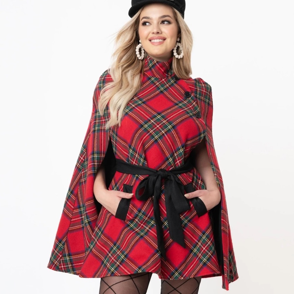 Red Plaid Savile Row Cape Coat